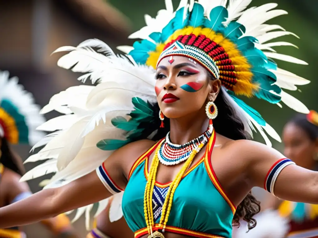 Grupo de bailarines en danza ancestral con coloridos trajes y movimientos fluidos