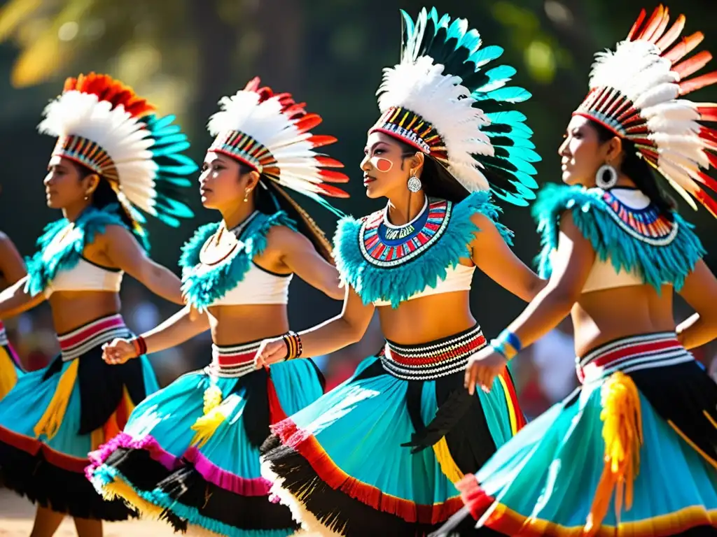 Grupo de bailarines de Danza Azteca con trajes tradicionales coloridos realizando una danza ceremonial en un claro soleado