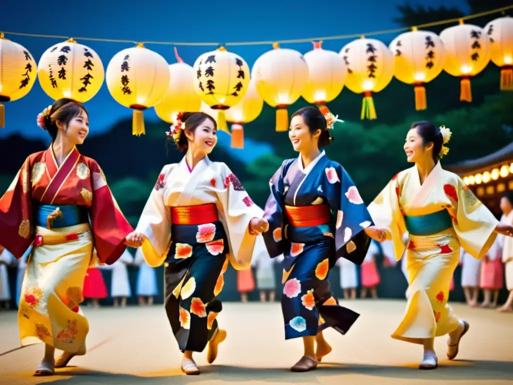 Grupo de bailarines en kimonos realizando la Danza Bon Odori Japonesa en un festival de verano, iluminados por faroles de papel