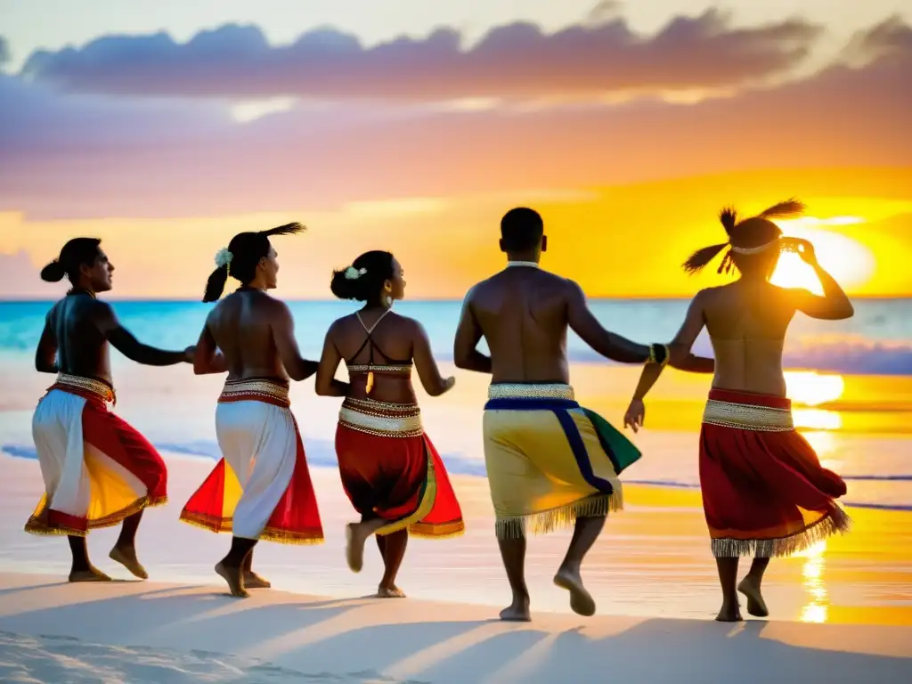 Grupo de bailarines de Kiribati realizando la danza Buki en la playa al atardecer, capturando el significado cultural del Kiribati Buki