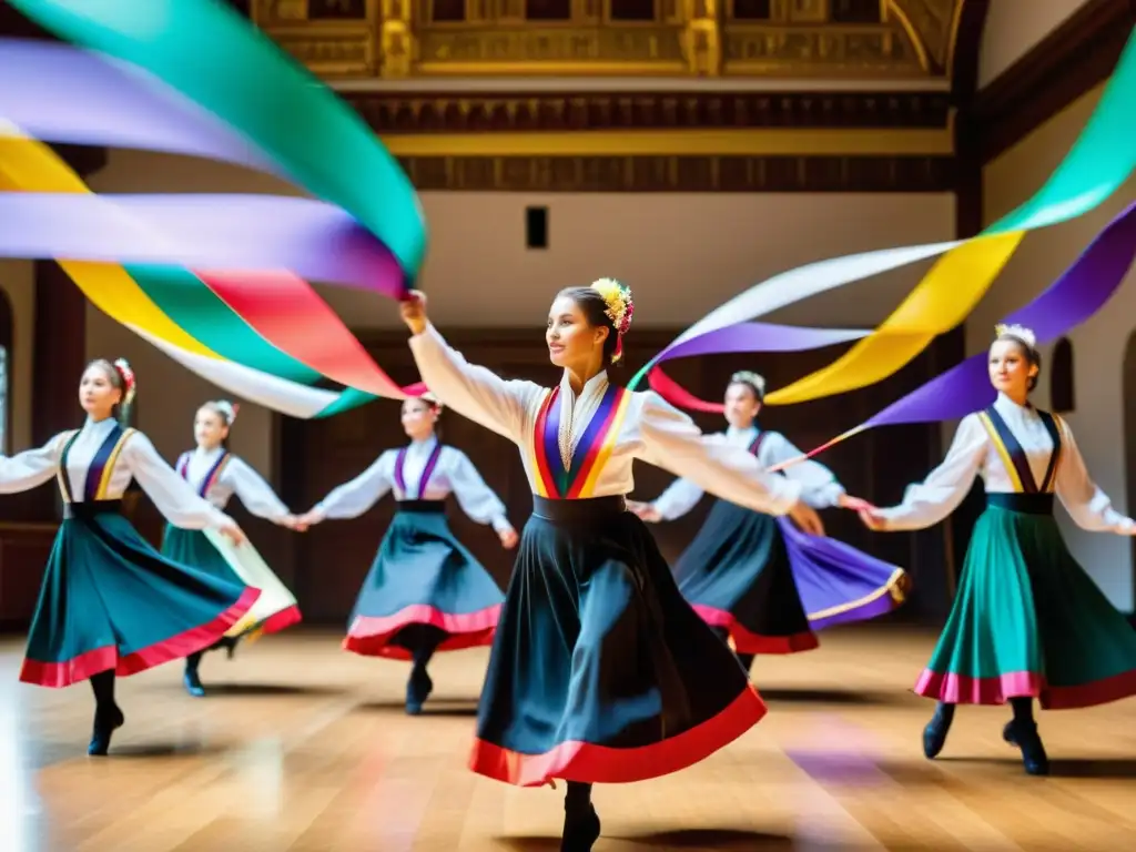 Grupo de bailarines ejecutando una danza de cintas tradicional de Europa del Este con maestría y gracia, en un entorno cultural auténtico y vibrante