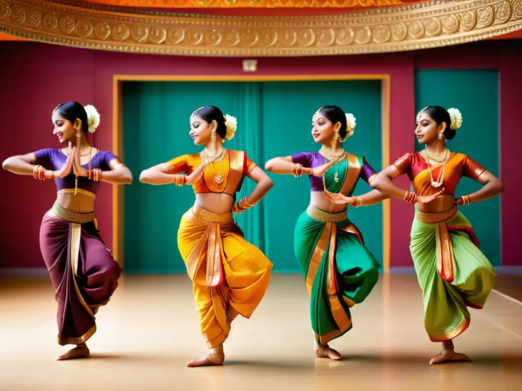 Grupo de bailarines practicando danza clásica India, con trajes coloridos y expresiones faciales en estudio tradicional, evocando pasión y precisión en Retiros de danza clásica India