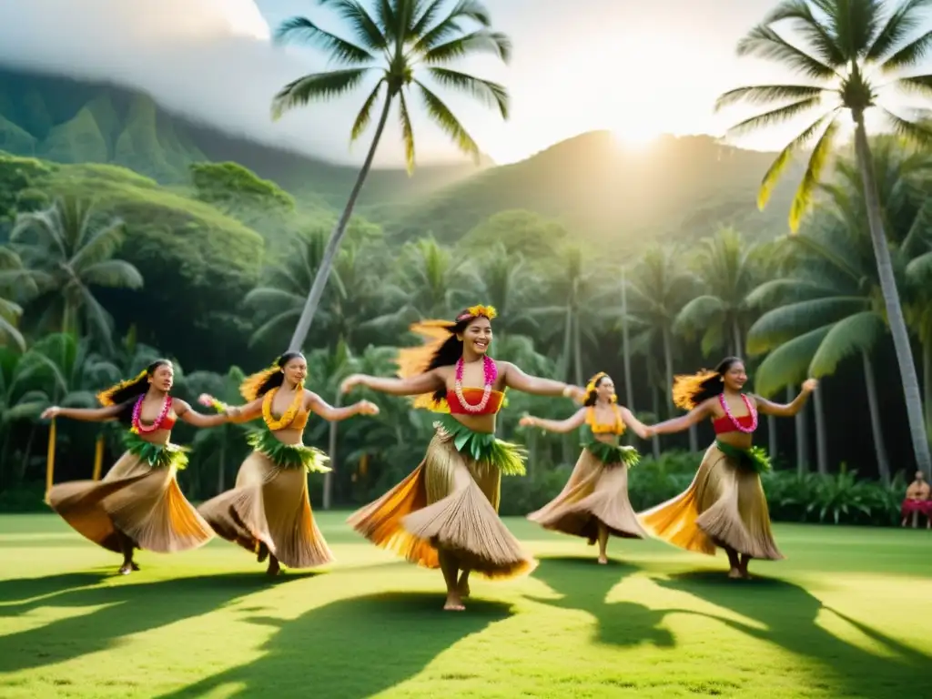 Un grupo de bailarines de hula realiza una danza elegante bajo palmeras altas, capturando el significado cultural de la danza hula