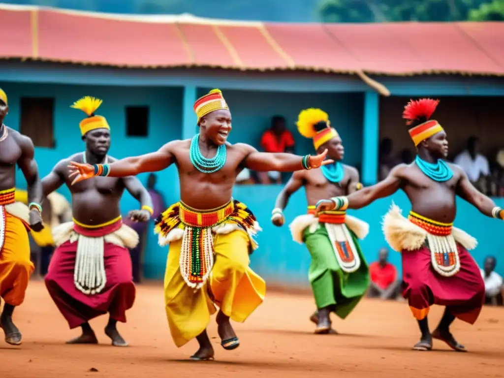 Grupo de bailarines celebrando la danza Dununba en Guinea, mostrando la energía y significado de esta tradición cultural