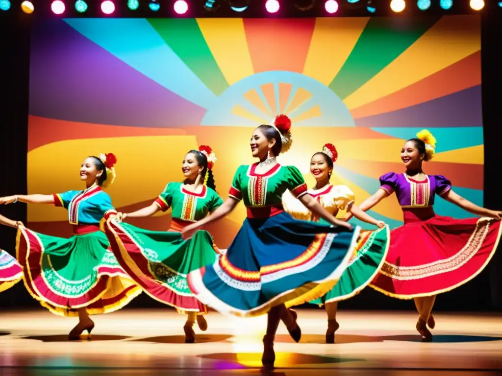 Grupo de bailarines ejecutando una danza folclórica con trajes coloridos y movimientos dinámicos