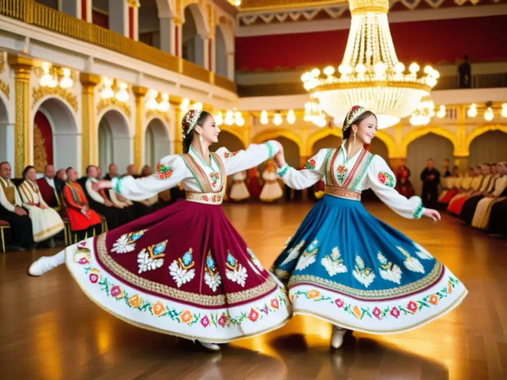 Grupo de bailarines de danza folklórica rusa en trajes coloridos, girando con pasión en una deslumbrante sala de baile