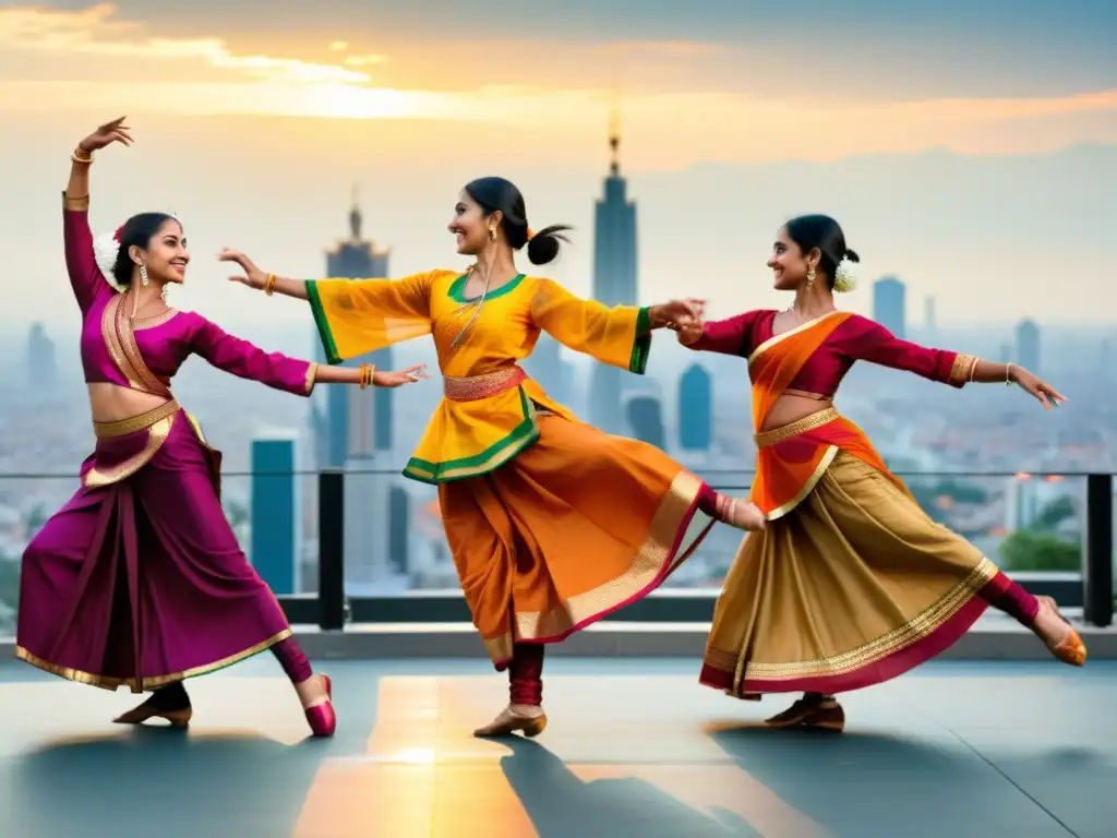 Grupo de bailarines de Danza India Moderna Online en trajes tradicionales, danzando con gracia y energía en la ciudad