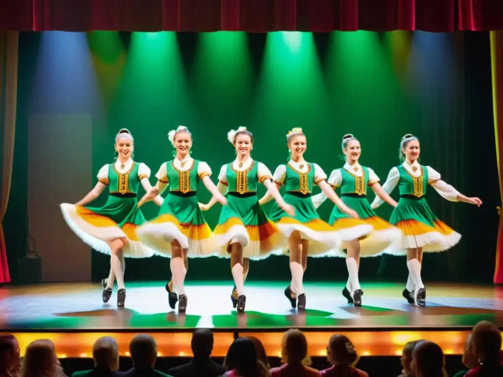 Un grupo de bailarines de step danza irlandesa ejecutando una compleja rutina en un escenario iluminado, transmitiendo maestría y celebración cultural