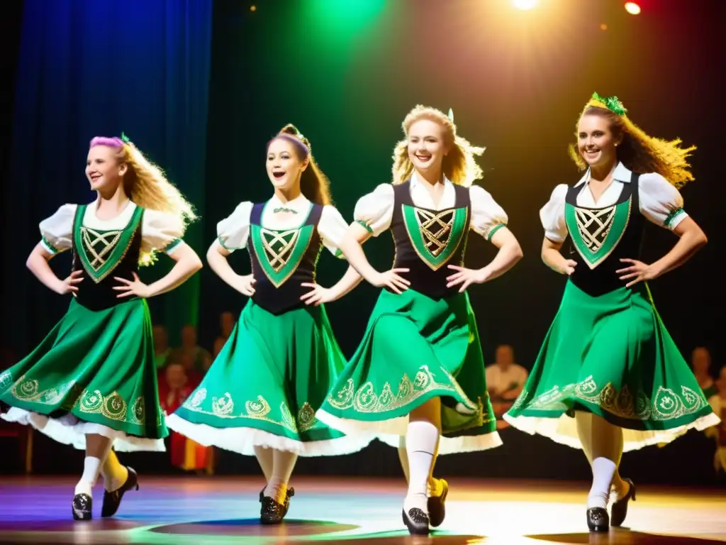 Un grupo de bailarines de danza irlandesa realiza un animado jig en trajes tradicionales, mostrando la esencia dinámica de la danza irlandesa