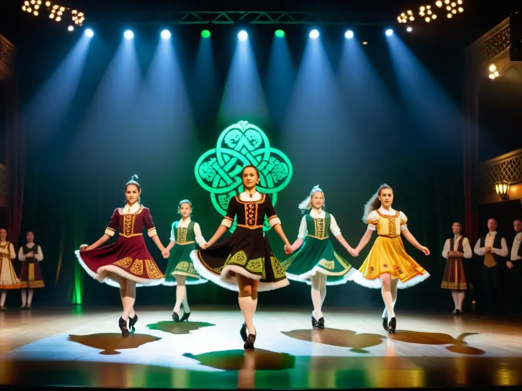 Grupo de bailarines realizando danza irlandesa en un escenario atmosférico, enriqueciendo la resonancia cultural de la danza irlandesa tap