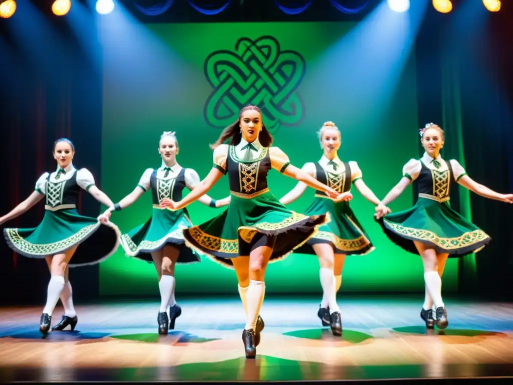 Un grupo de bailarines ejecuta una danza irlandesa con pasión y precisión en el escenario, resaltando la energía y belleza de la tradición celta