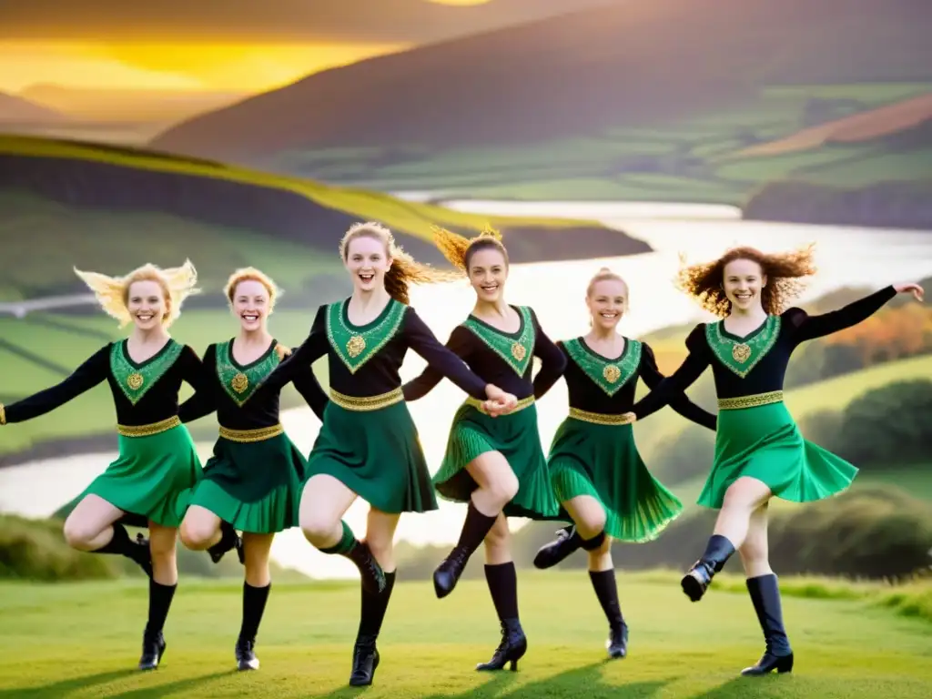 Grupo de bailarines de danza irlandesa tradicional en trajes vibrantes, ejecutando movimientos dinámicos en el escenario con un fondo de paisaje irlandés