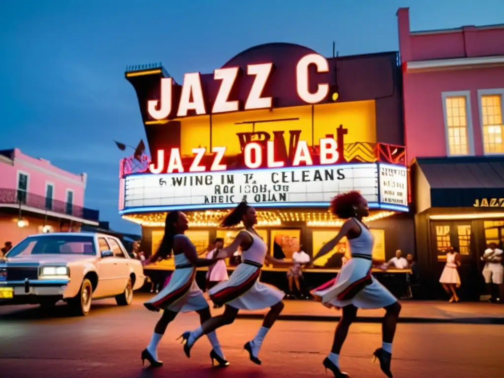 Grupo de bailarines de danza jazz en Nueva Orleans, capturando la energía del jazz frente a un club histórico con un letrero de neón icónico