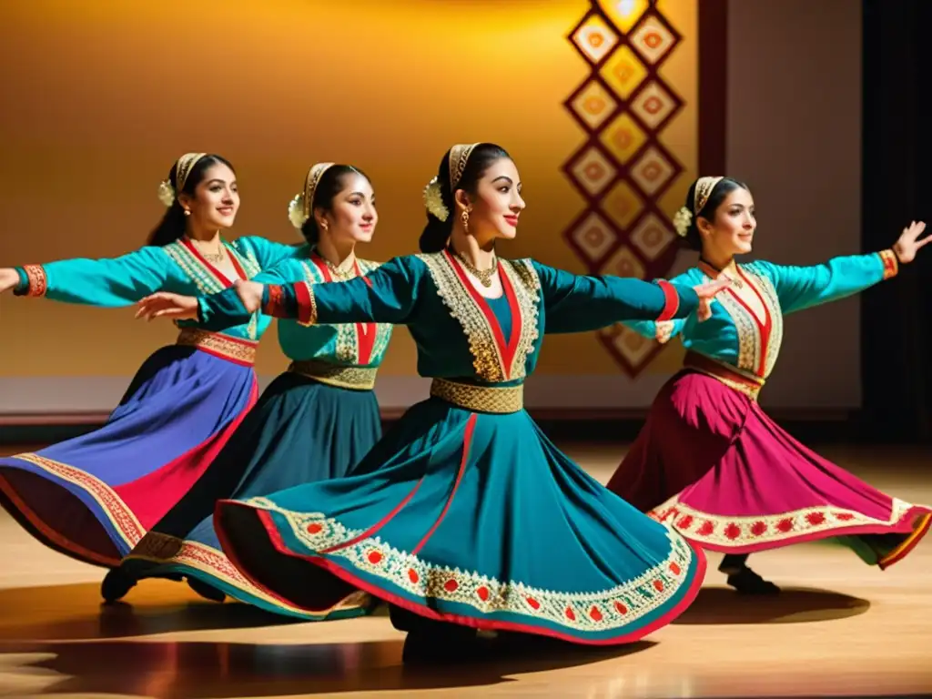 Grupo de bailarines azeríes ejecutando la danza Mugham en trajes coloridos, con técnicas de danza tradicional azerí