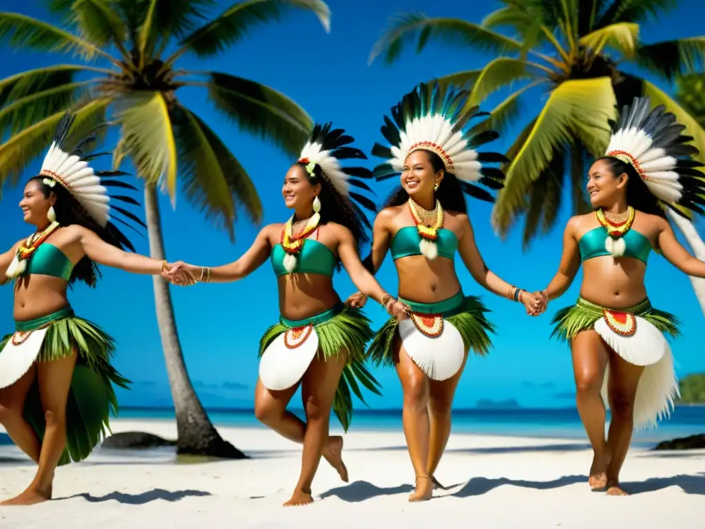 Un grupo de bailarines micronesios ejecuta la Danza del Palo Largo, con trajes vibrantes y movimientos llenos de gracia en Micronesia