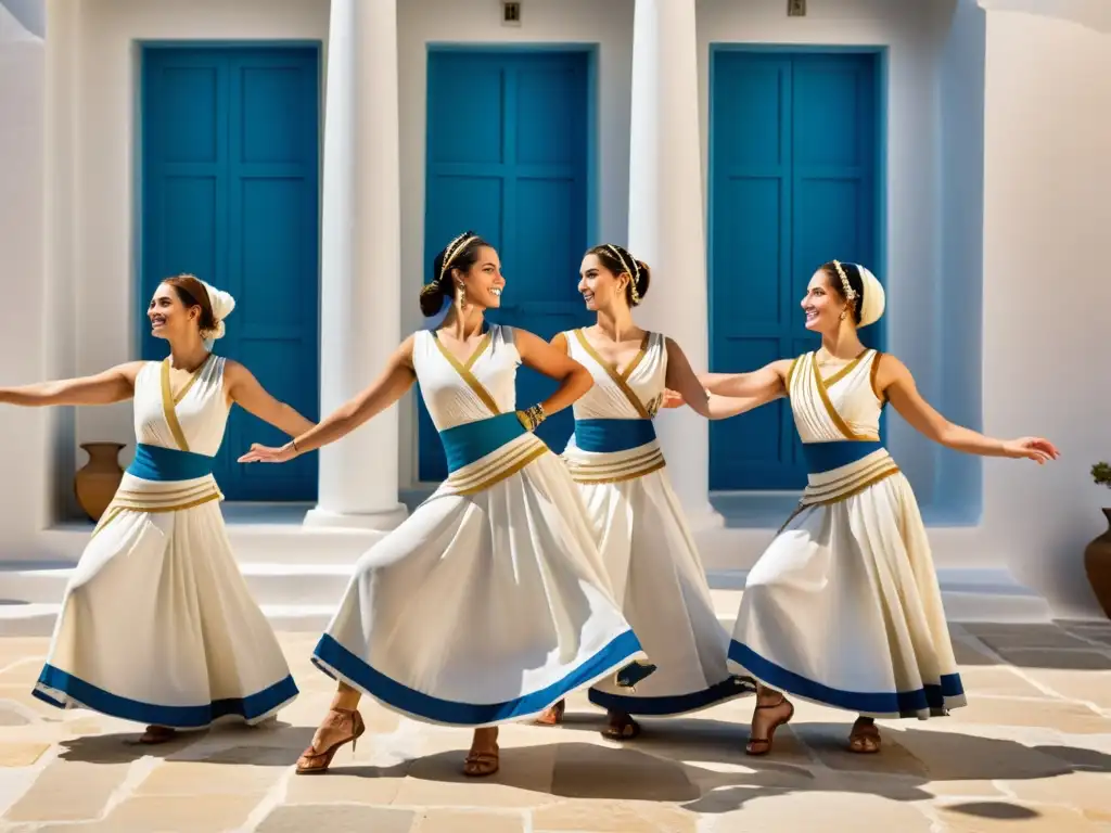 Grupo de bailarines realizando la danza Sirtaki en un patio soleado, capturando la esencia de las danzas griegas