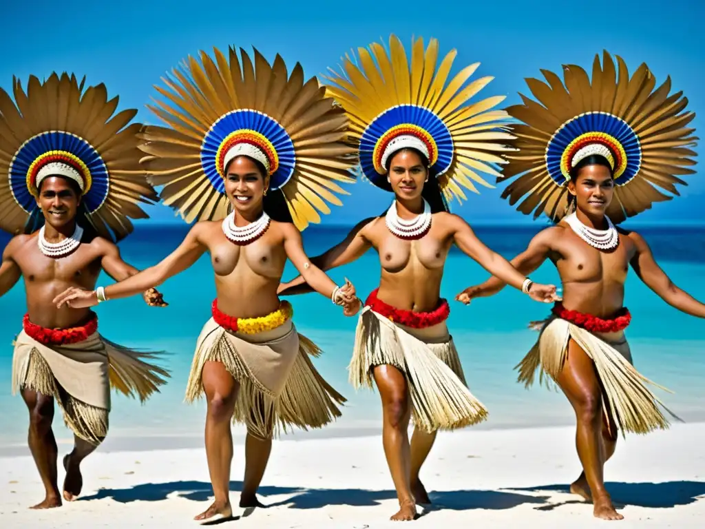 Grupo de bailarines de Kiribati realizando la danza del plato, mostrando equilibrio, belleza y significado cultural en un paisaje impresionante