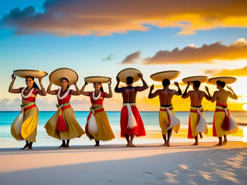 Grupo de bailarines de Kiribati realizando la Danza del Plato al atardecer en la playa, mostrando la belleza y significado de esta expresión cultural única de Kiribati