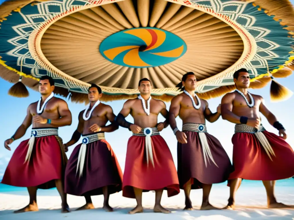 Grupo de bailarines Kiribati Buki en una danza poderosa y simbólica, rodeados de símbolos culturales