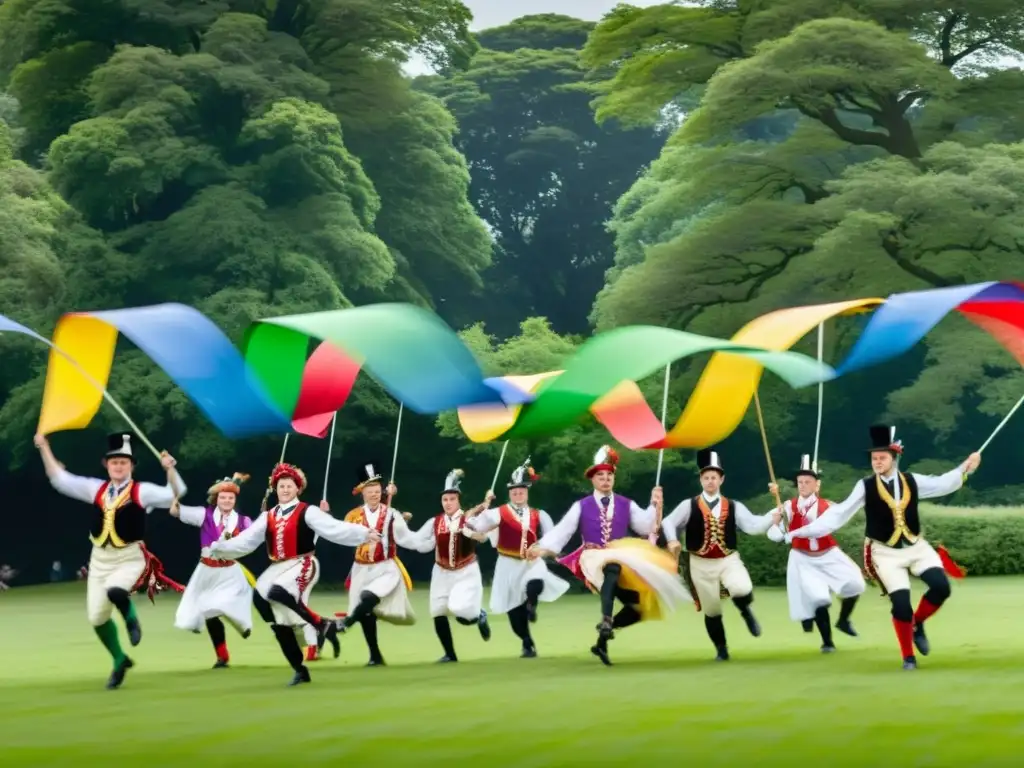 Un grupo de bailarines de Morris danza en un prado verde exuberante, con cintas coloridas ondeando mientras saltan y giran al ritmo de la música