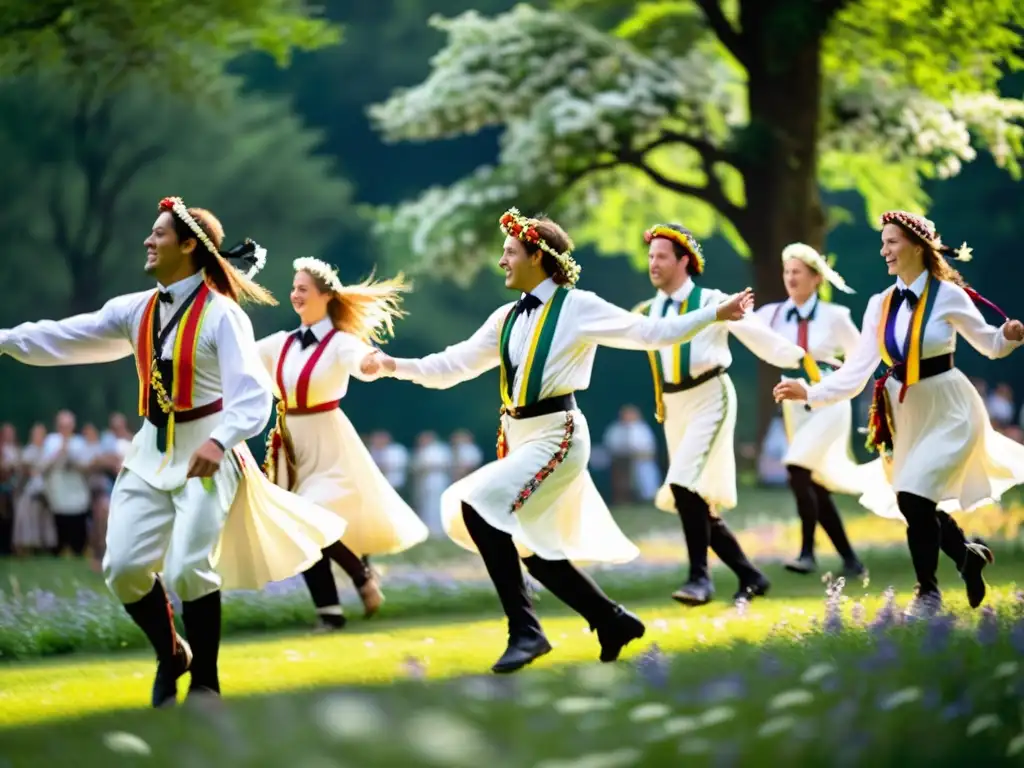 Grupo de bailarines Morris disfrutando de la danza en un prado verde rodeado de flores silvestres