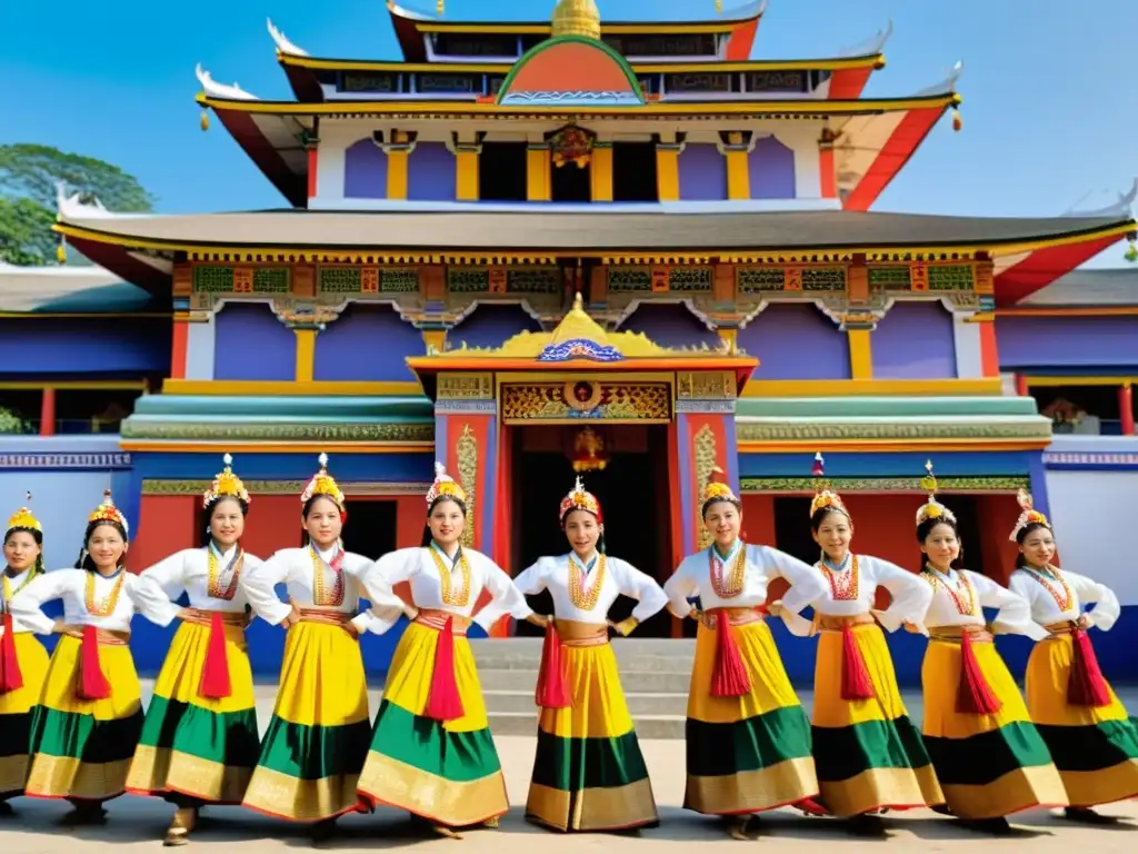 Grupo de bailarines de Manipuri realizando la danza Pung Cholom frente a un templo adornado