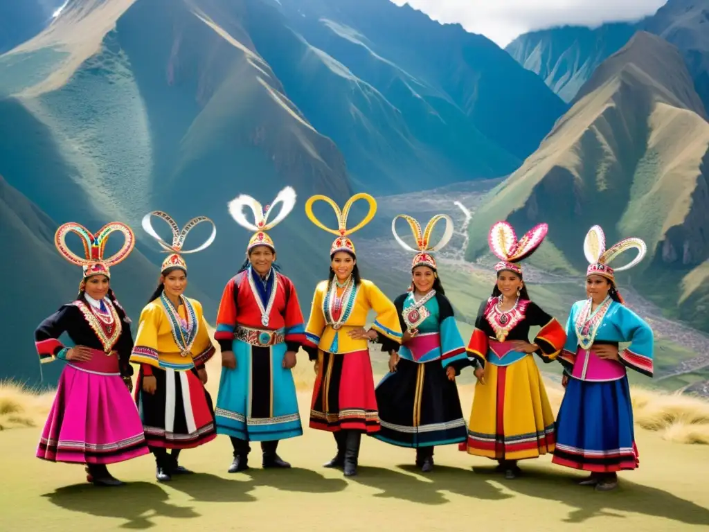 Grupo de bailarines de la Danza de Tijeras peruana, con trajes vibrantes, ejecutan la danza en las montañas, mostrando su significado cultural