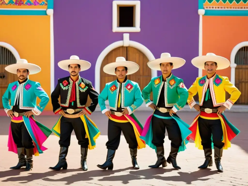 Grupo de bailarines de danza típica mexicana turismo local, vistiendo trajes tradicionales, ejecutando zapateado en animada plaza al atardecer