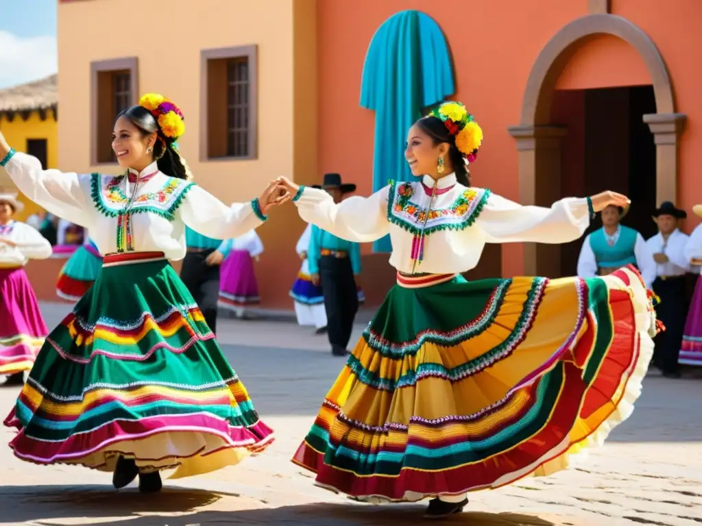 Grupo de bailarines de danza tradicional mexicana vistiendo trajes vibrantes y detallados, bailando en una plaza histórica