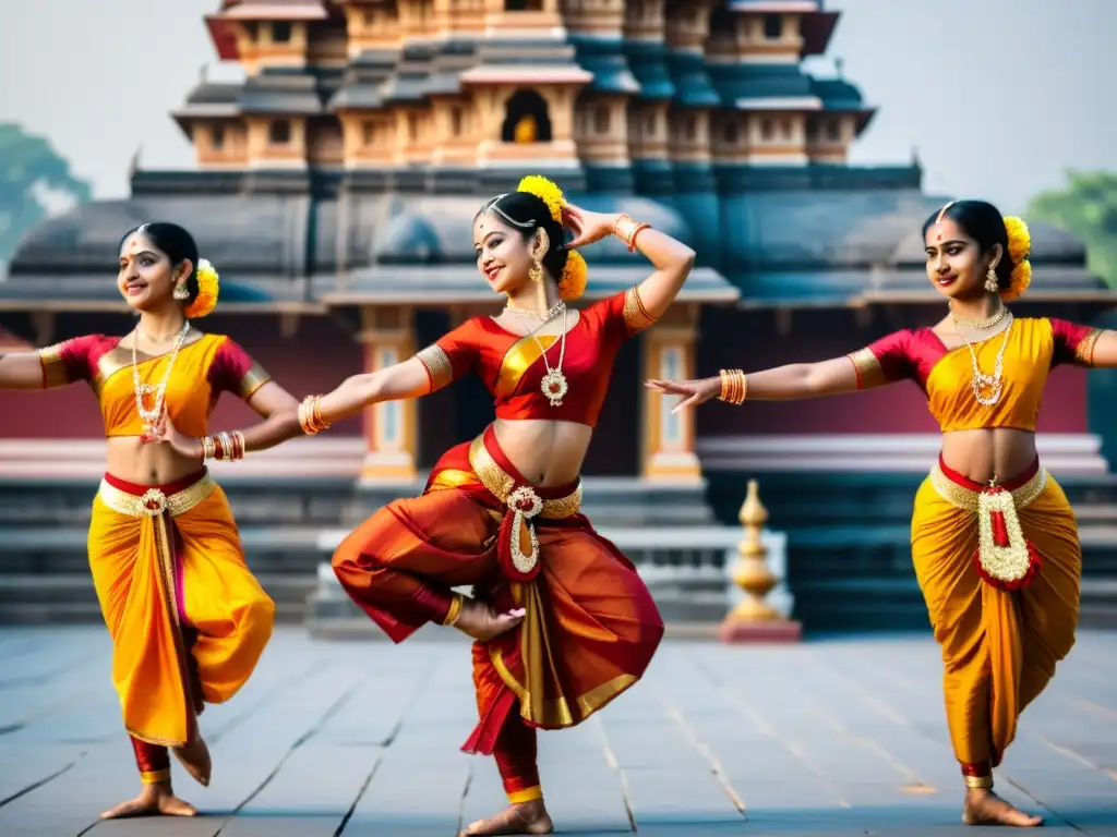 Grupo de bailarines de Bharatanatyam danza tradicional India, con trajes vibrantes, gestos expresivos y fondo de templo