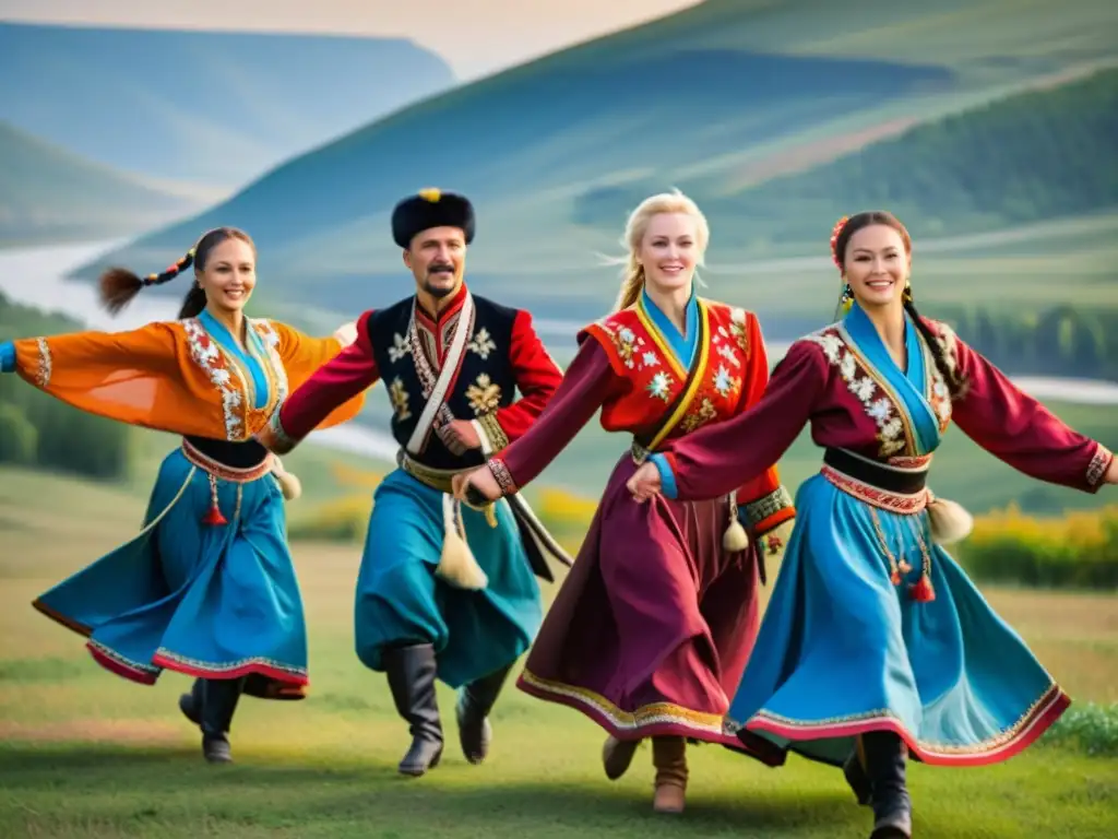 Grupo de bailarines Cossack ejecutan danza tradicional con trajes vibrantes en paisaje pintoresco