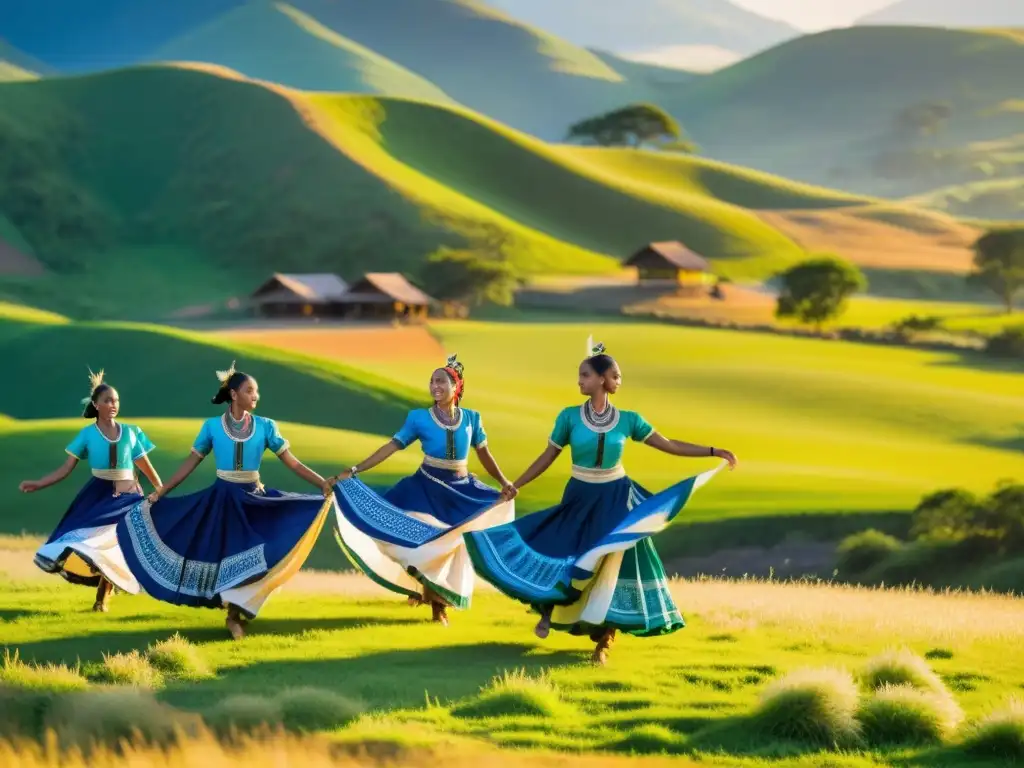 Un grupo de bailarines practica danza tradicional al atardecer, en un campo verde exuberante