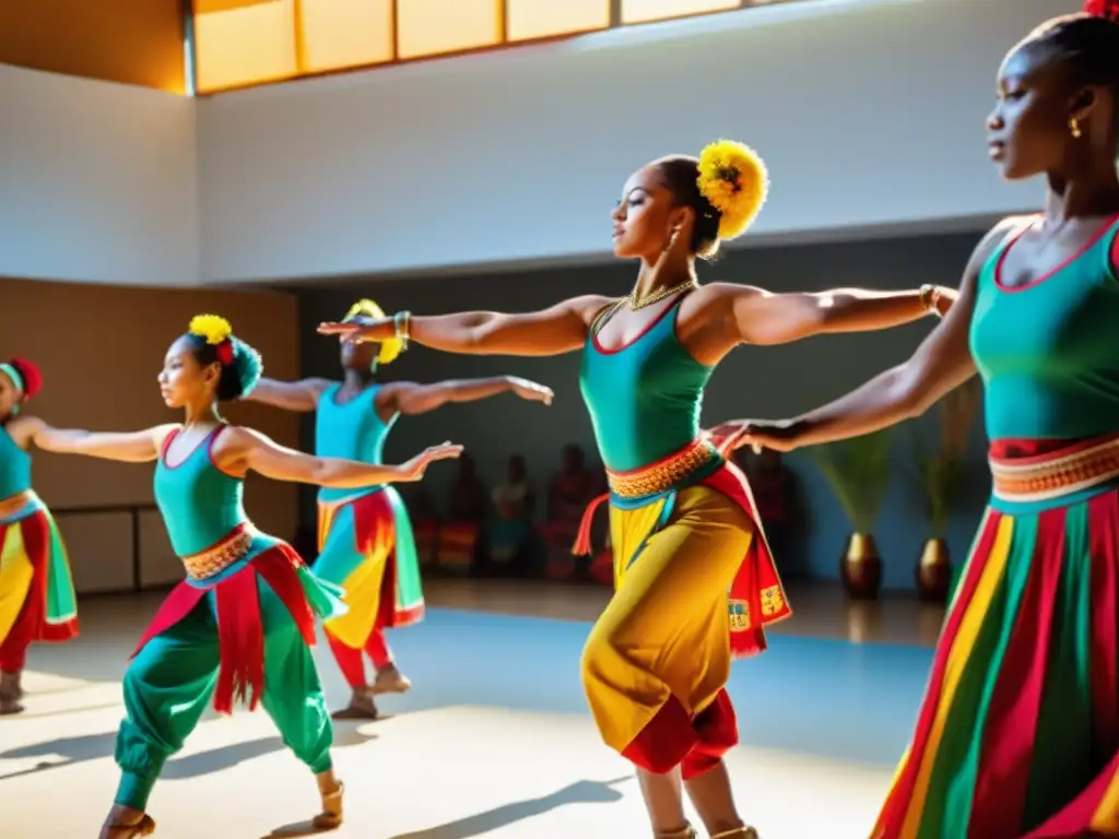 Grupo de bailarines de danza tradicional ensayando con pasión y gracia en un estudio soleado, con vestuarios vibrantes y expresiones determinadas