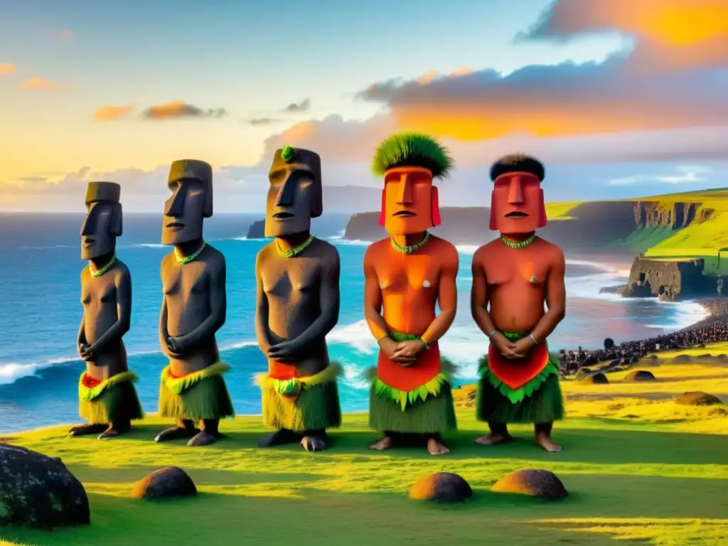 Grupo de bailarines Rapa Nui ejecutando la danza tradicional SauSau en la impresionante costa de Isla de Pascua