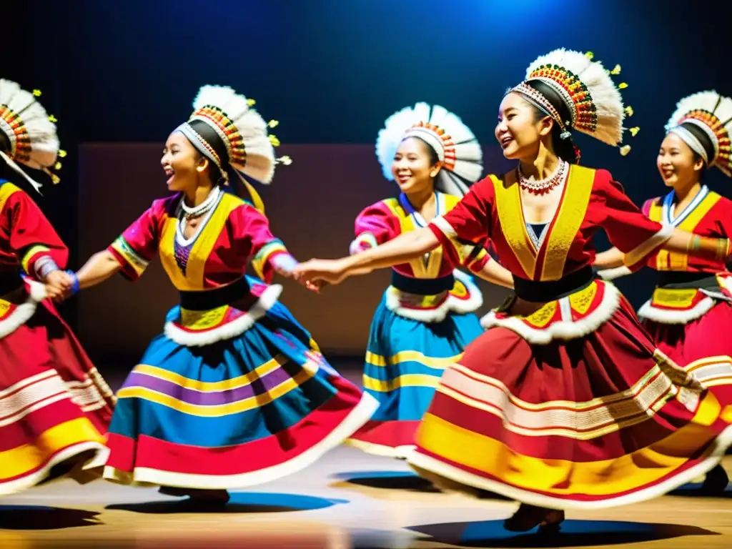 Grupo de bailarines de danza tradicional con trajes vibrantes y movimientos expresivos