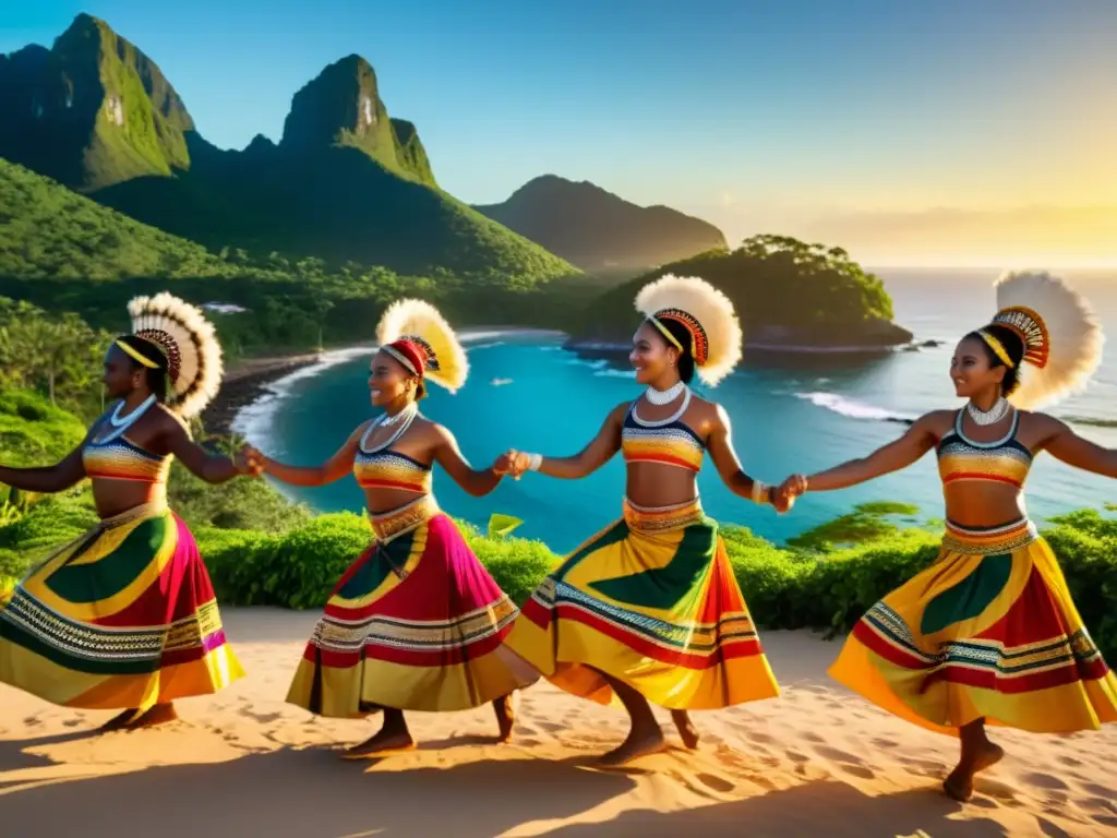 Un grupo de bailarines ejecuta una danza tradicional en Oceanía, con trajes vibrantes y movimientos dinámicos al ritmo de tambores