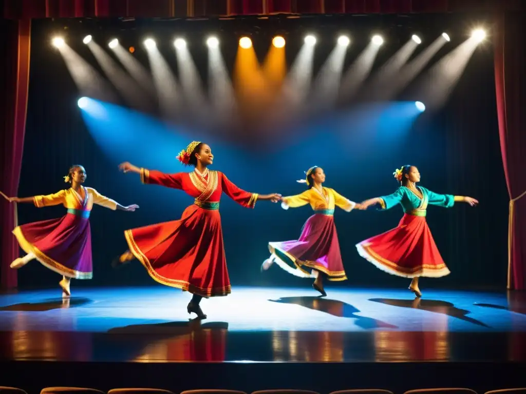 Grupo de bailarines ejecutando danza tradicional con uso de efectos sonoros en teatro iluminado