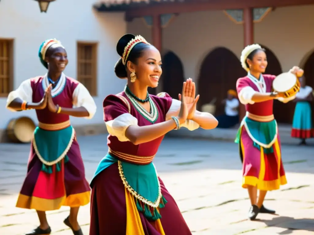 Grupo de bailarines ensayando danza tradicional en un patio soleado, rodeados de músicos y mostrando expresiones y gestos expresivos