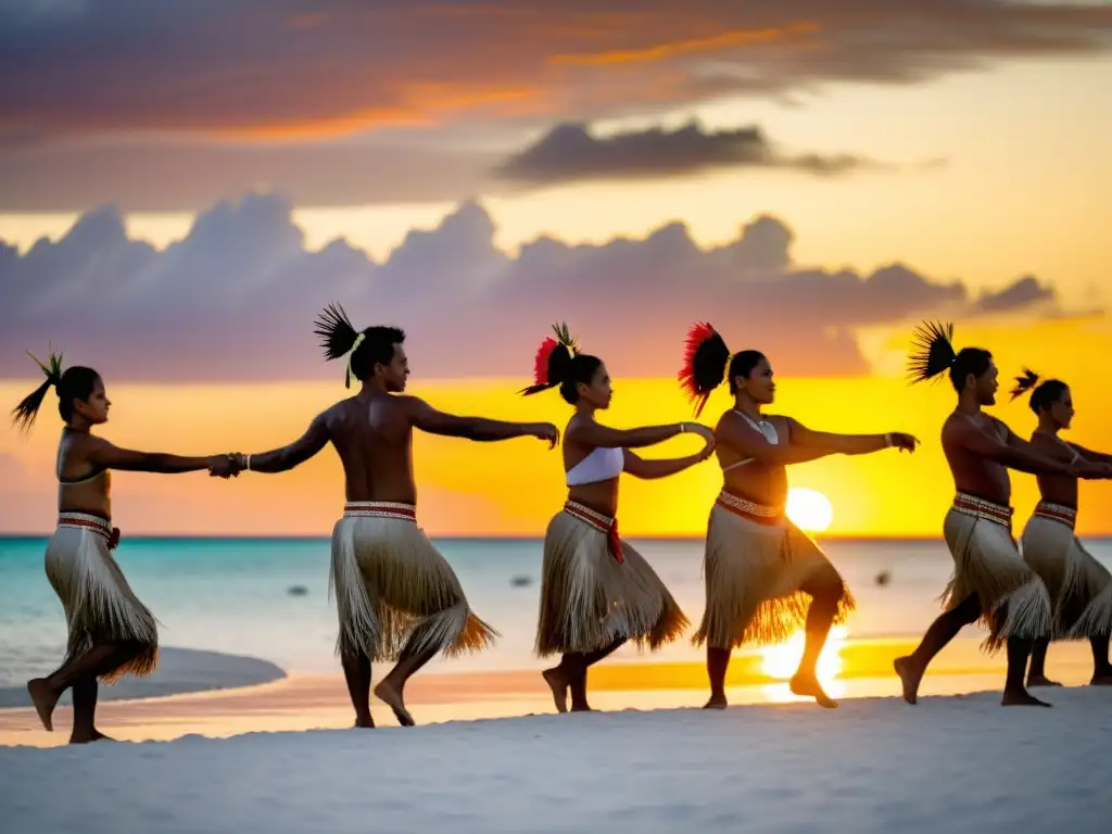 Grupo de bailarines de Kiribati realizando la danza tradicional Buki al atardecer en una hermosa playa de Kiribati