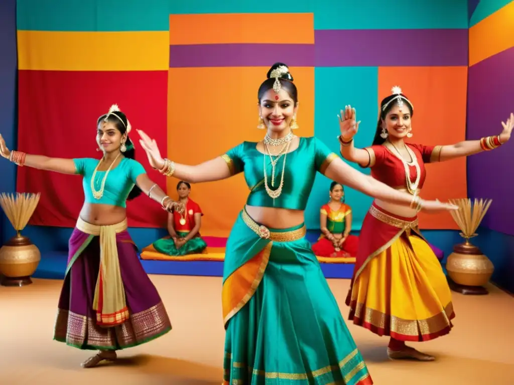 Un grupo de bailarines practica danza tradicional india en un estudio vibrante y colorido, mostrando la gracia y la belleza de esta forma de arte