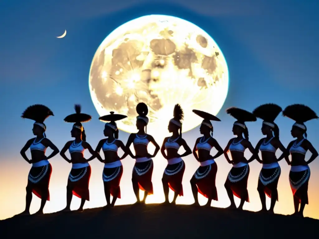 Grupo de bailarines Rapa Nui en danza tradicional bajo la luna llena, transmitiendo armonía y cultura ancestral