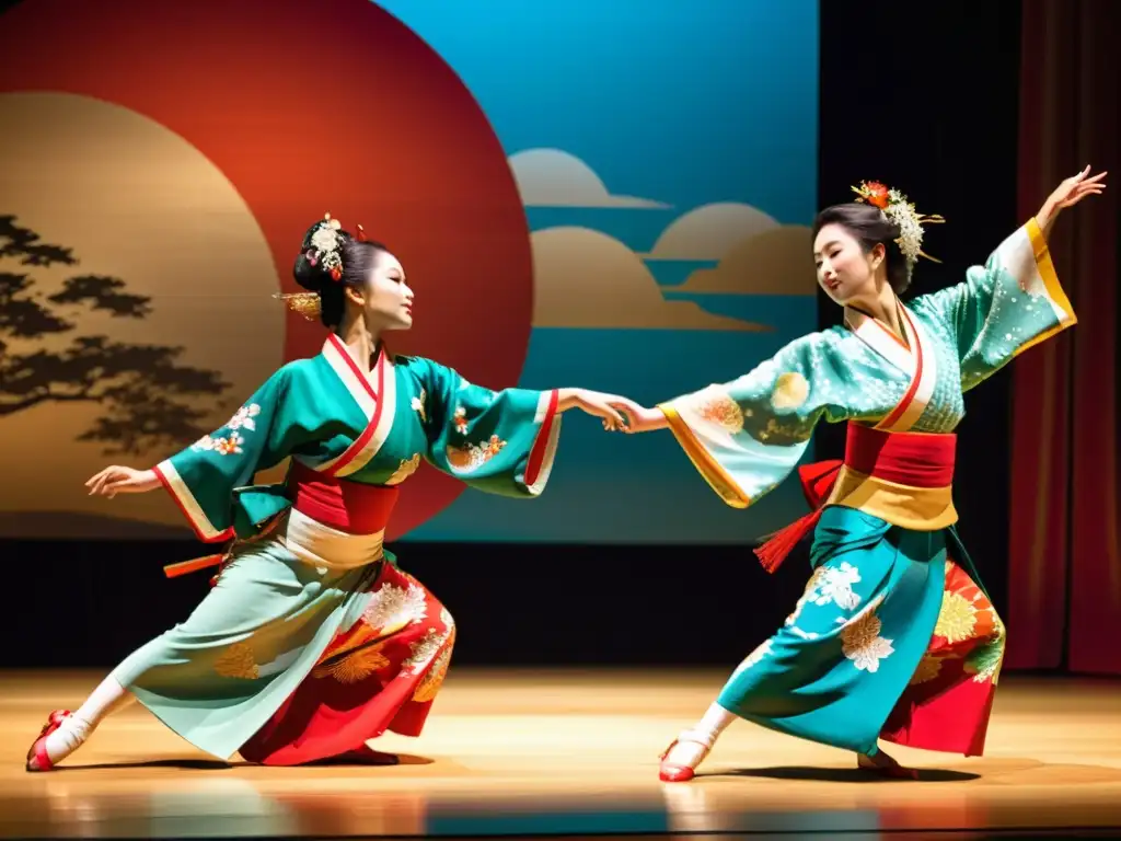 Un grupo de bailarines de la danza tradicional japonesa Nihon Buyo, vistiendo kimonos vibrantes con movimientos elegantes y expresiones apasionadas