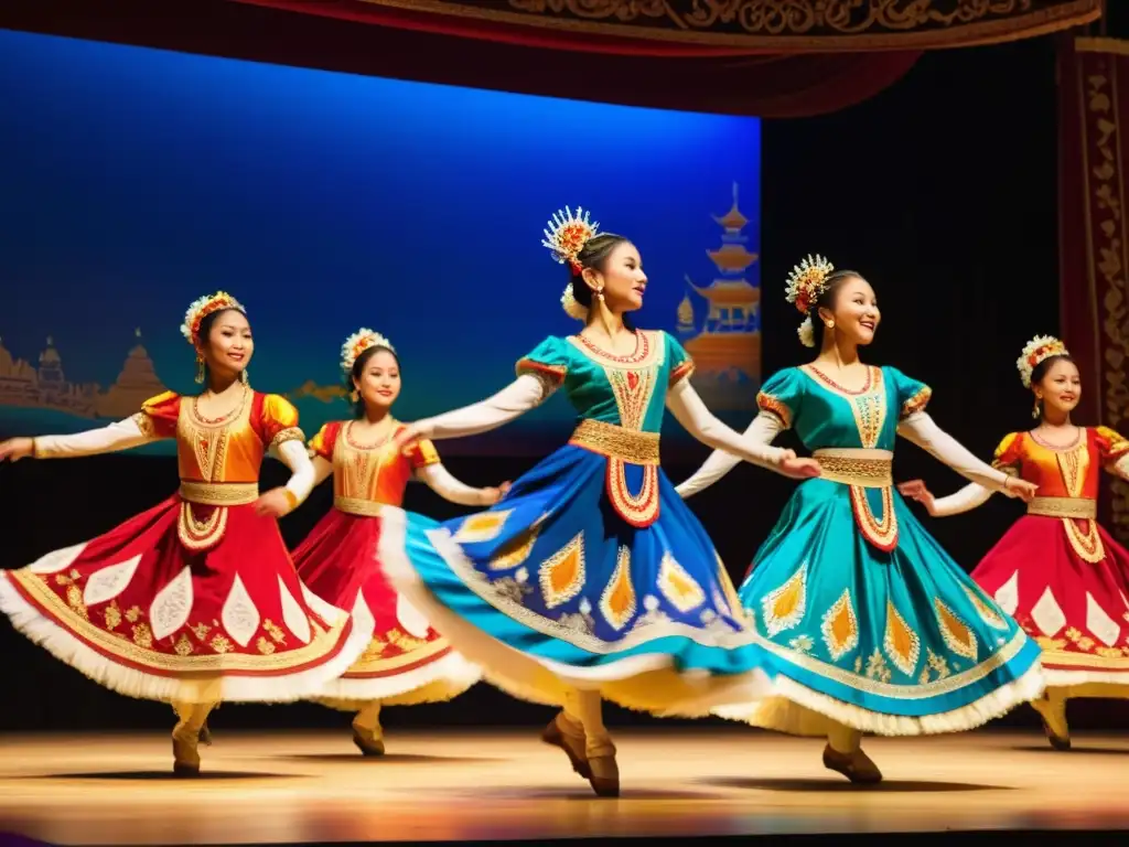 Un grupo de bailarines de danza tradicional con trajes vibrantes y elaborados realizan una actuación apasionada en el escenario