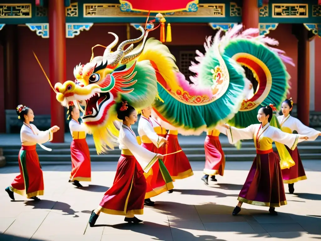 Un grupo de bailarines practica la danza del dragón en trajes tradicionales chinos en un patio soleado, preparándose para el Retiro de Danza Tradicional China, con movimientos gráciles y precisos