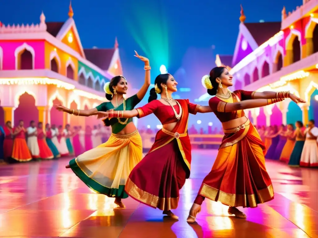 Grupo de bailarines de danza clásica india en vibrante atuendo tradicional, actuando con gracia en el Festival de Luces