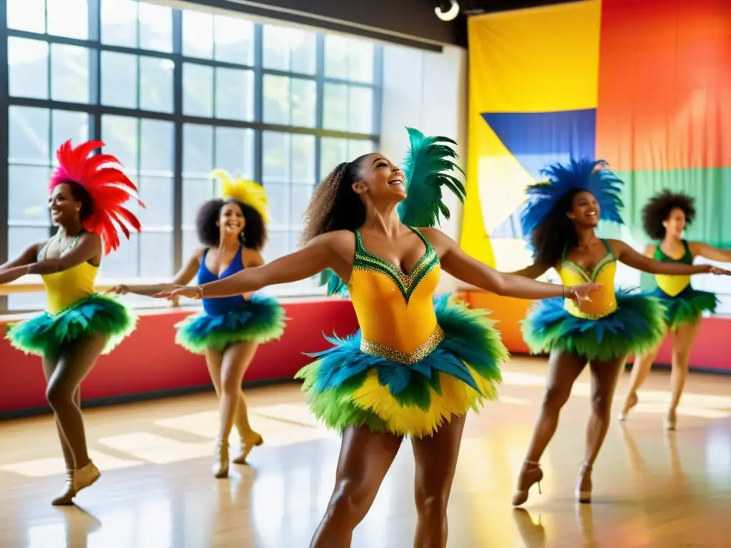 Grupo de bailarines aprendiendo danzas brasileñas en un estudio colorido y espacioso, lleno de energía y pasión