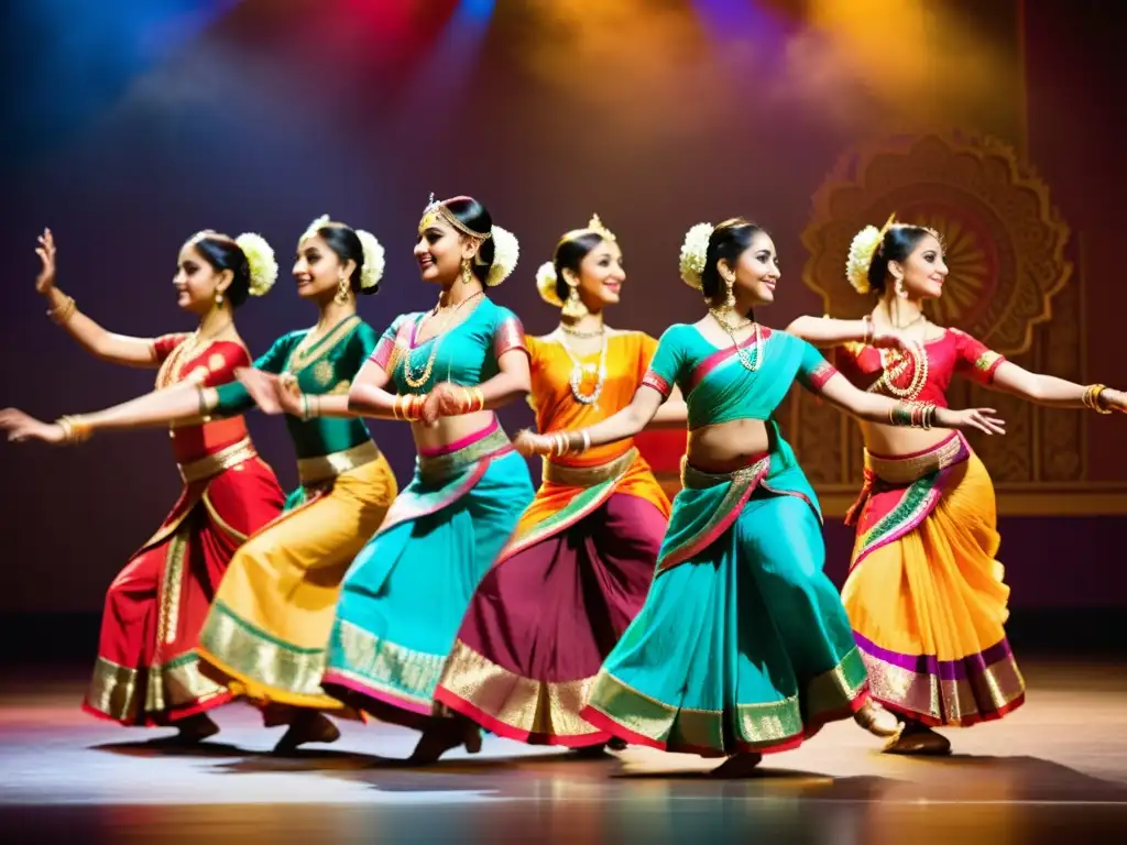 Grupo de bailarines de Danzas clásicas de la India, con trajes vibrantes y movimientos elegantes, transmitiendo orgullo cultural