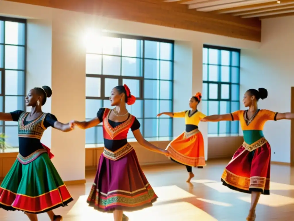 Grupo de bailarines practicando danzas étnicas en estudio soleado, con expresiones apasionadas y trajes tradicionales, mientras crean formas dinámicas