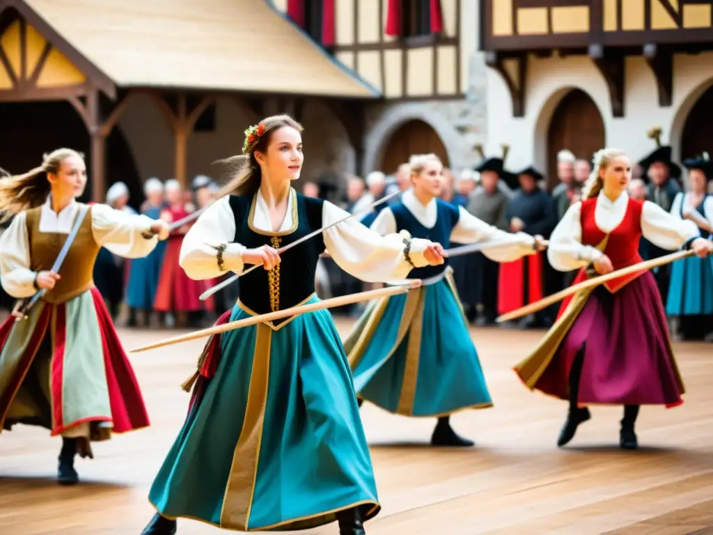 Grupo de bailarines reviviendo danzas europeas medievales con bastones, en vibrantes trajes y movimientos dinámicos