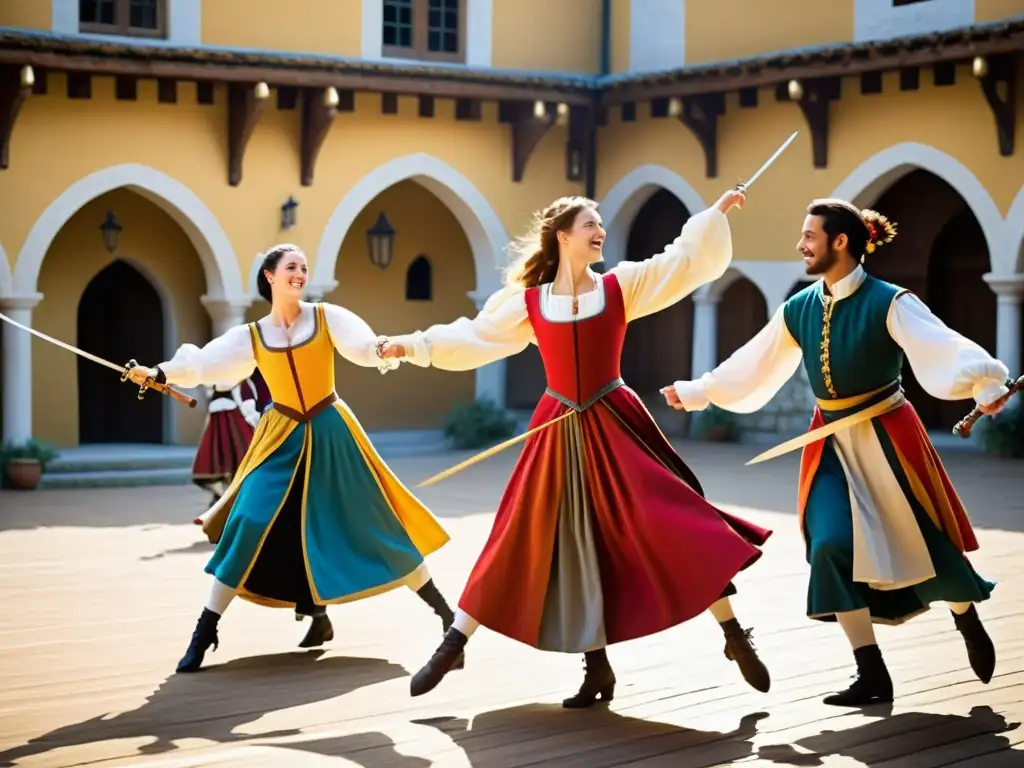 Grupo de bailarines revive danzas europeas medievales con bastón en un patio soleado, desplegando gracia y pasión histórica